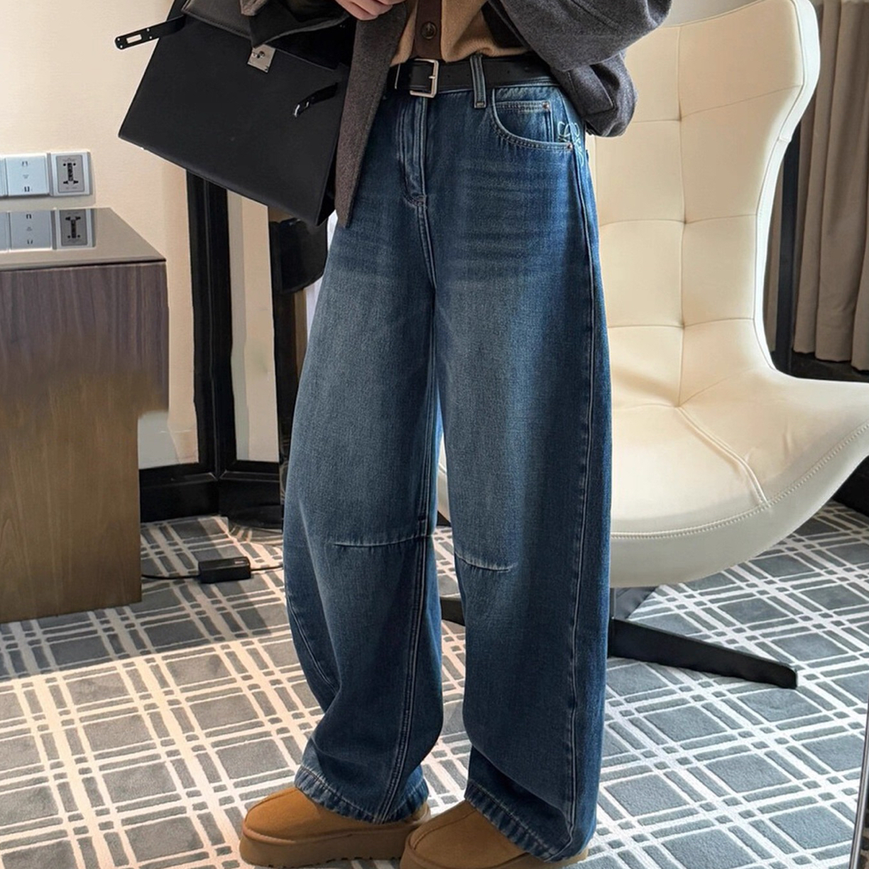 炸款～杨幂同款加厚蜜蜜绒牛仔弯刀阔腿裤68295