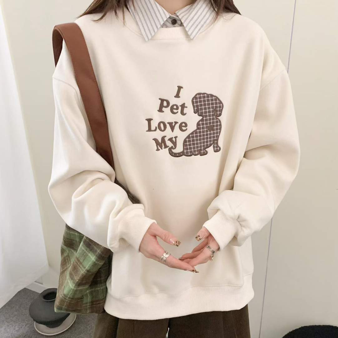 （实体店品质）孕妈妈冬季加厚绒前刺绣小狗侧开衩短款卫衣