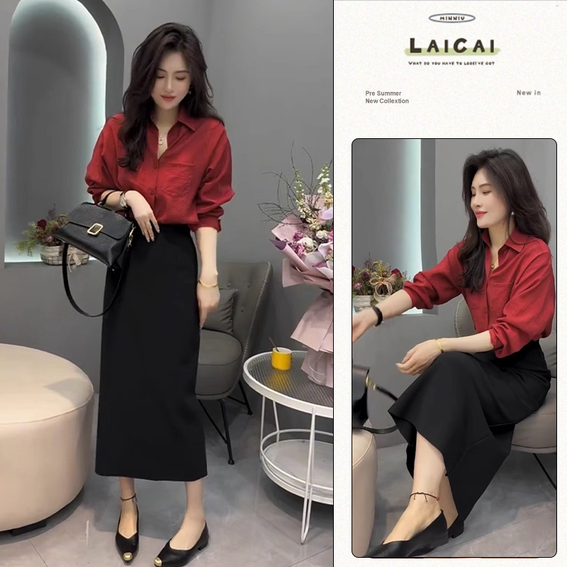 E472+E473一整套女高级感宽松百搭翻领衬衫搭配高腰开叉半身裙