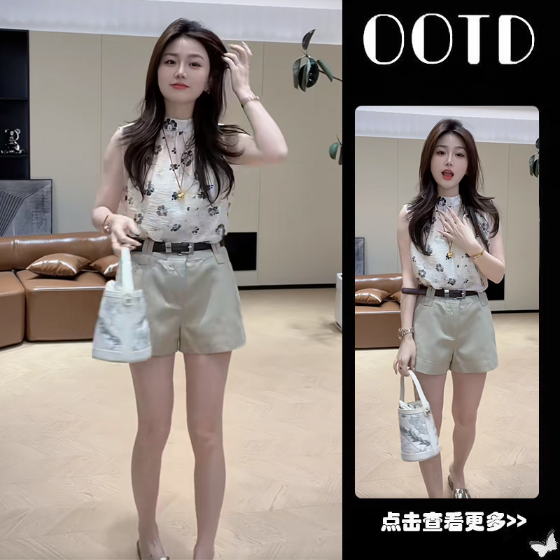 超火夏季洋气穿搭一整套2025新款韩版无袖衬衫高腰阔腿短裤两件套