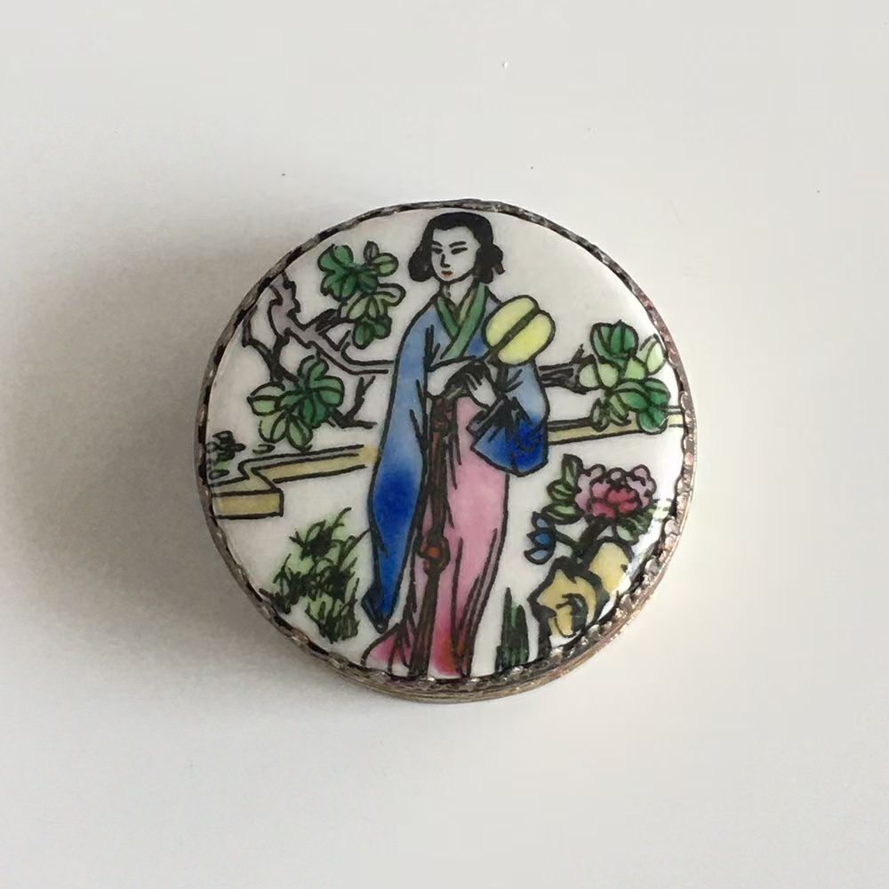 （012c）5678创汇出口白铜鎏银镶嵌手绘彩绘仕女老瓷板画首饰盒