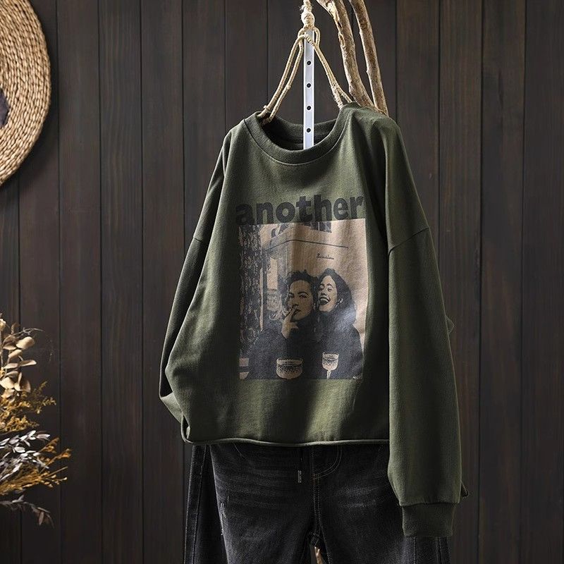 300斤大码2025新款早秋宽松长袖复古个性遮肉套头上衣美式卫衣ins