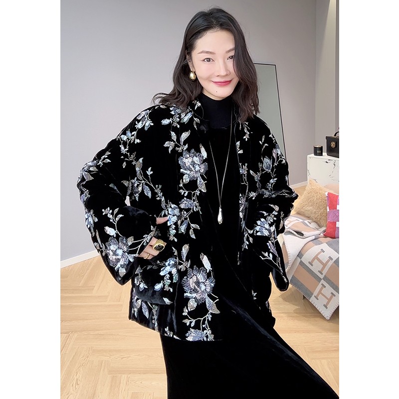馆东 年轻时髦女人夹棉新中式丝绒绣花显瘦棉服外套 繁花锦绣上