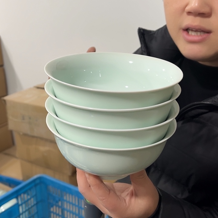 瓷片青瓷6英寸面碗四个微瑕包邮