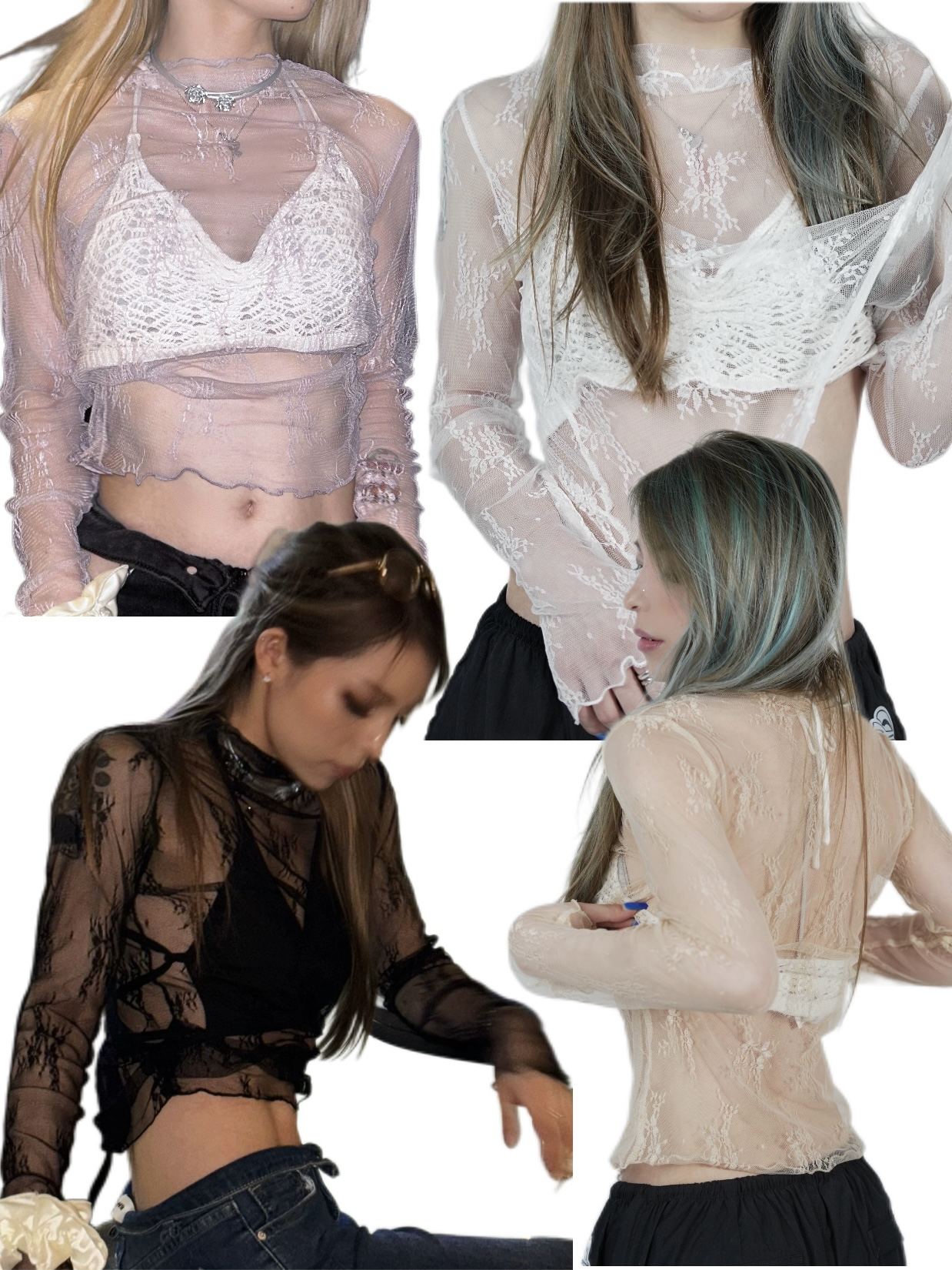 HXIEN蕾丝上衣性感镂空衫女装休闲内搭爵士长袖网纱打底衫