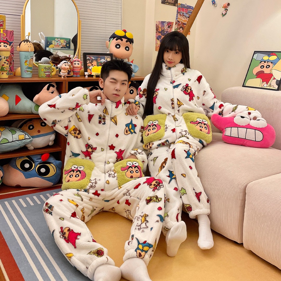 奥美诗嘉蜡笔小新联名情侣睡衣女2025新款秋冬珊瑚绒家居服套装男