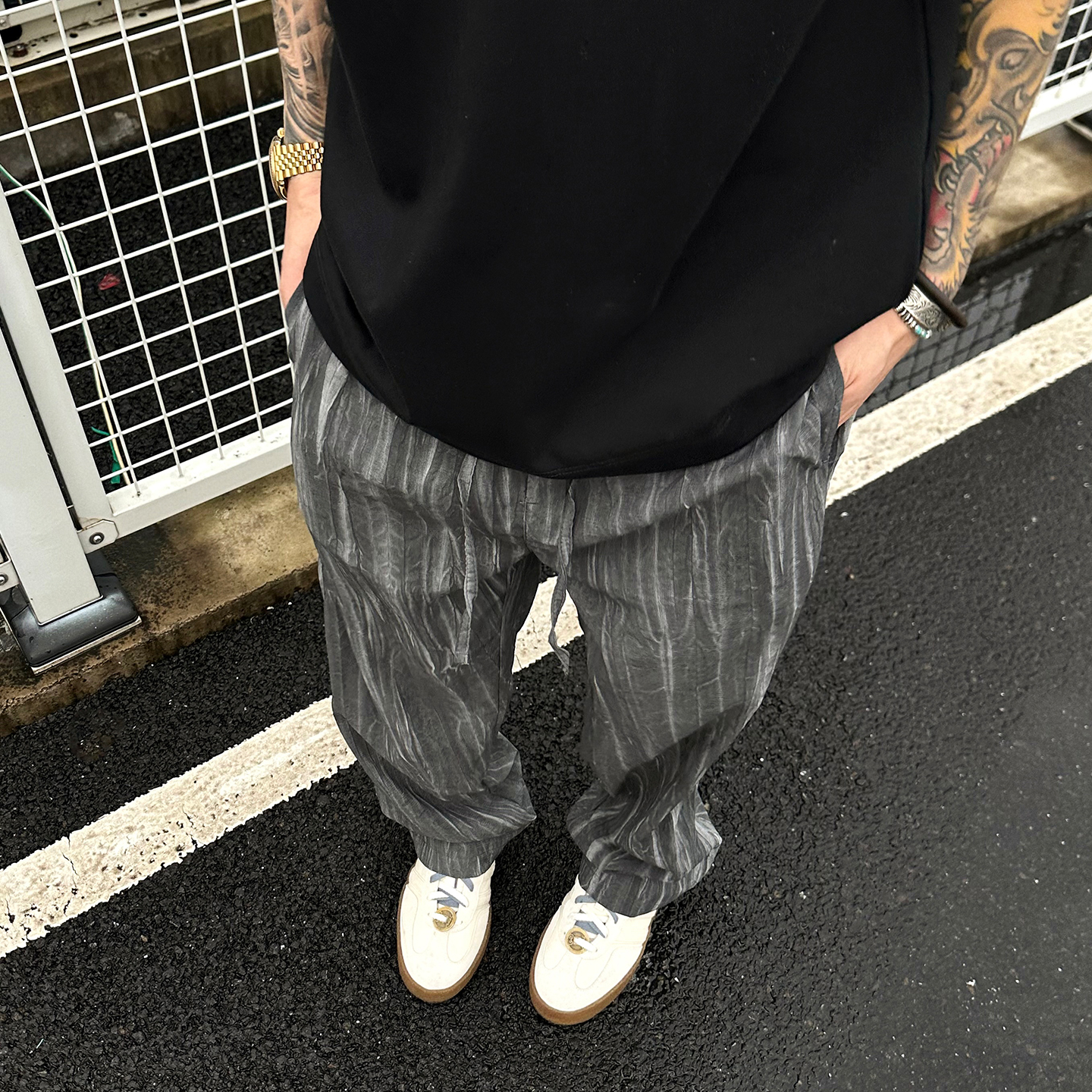 【UNAPS】限定~夏季轻薄扎染爽纱休闲裤男女宽松透气松紧腰直筒裤子