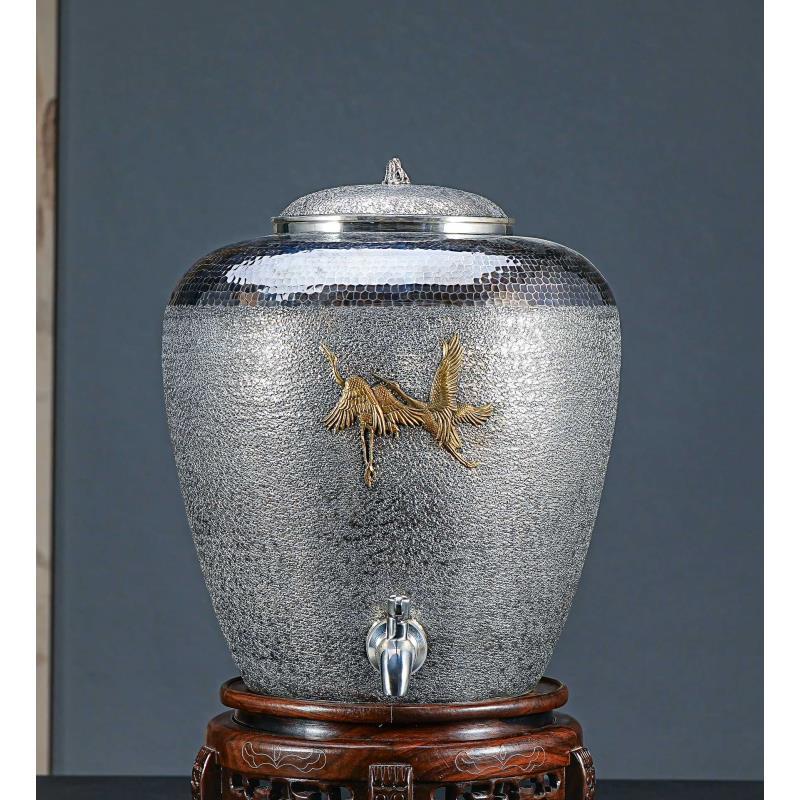 足银玻璃银制品 【半山工坊】纯手工錾刻麻纹瑞鹤足银999银水缸