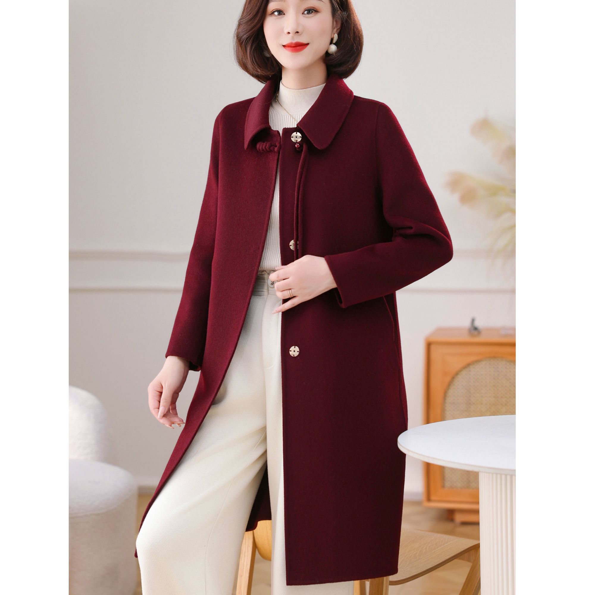 新款高端双面呢大衣女中长款修身妈妈羊毛呢气质时尚外套秋冬2589