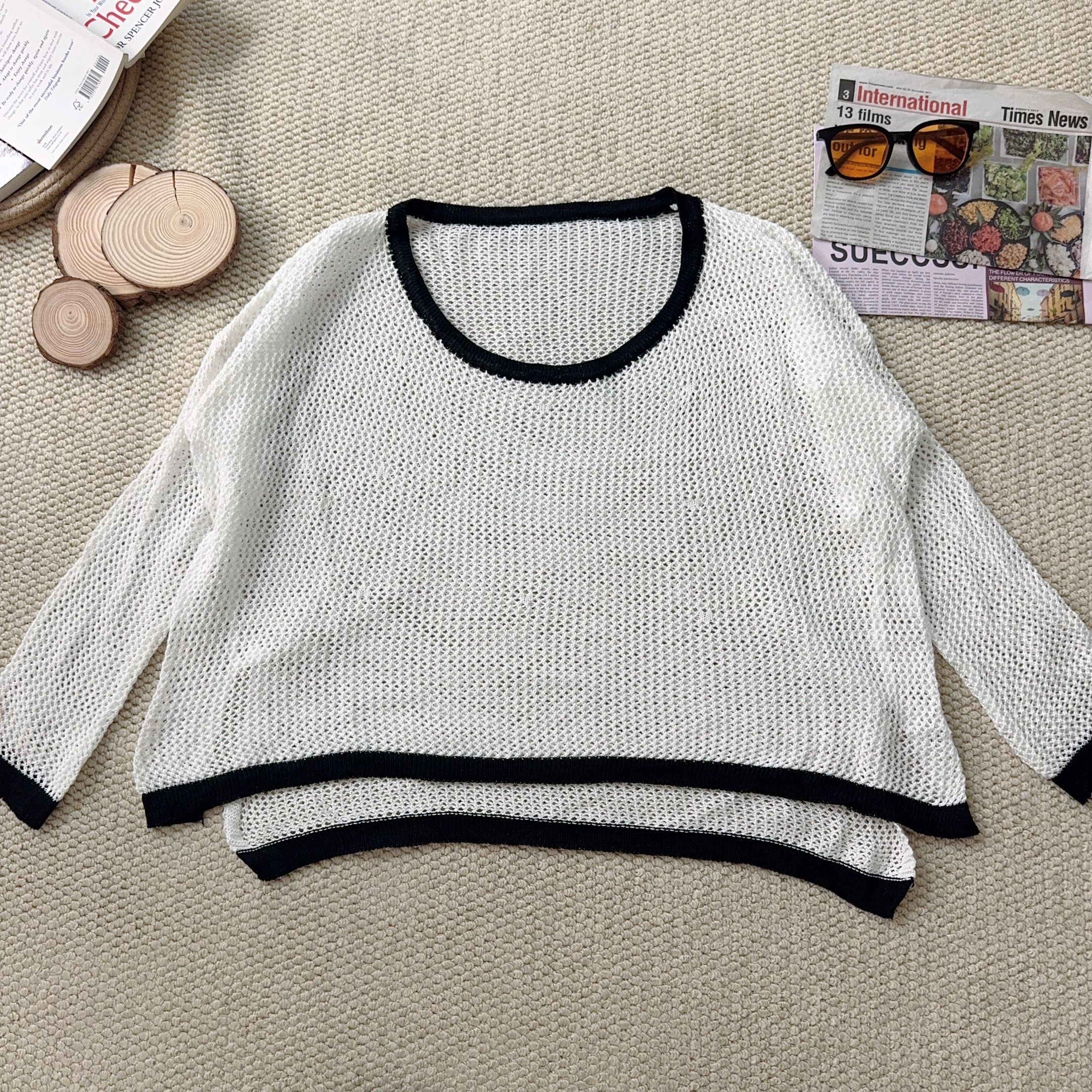 2025夏季新款宽松百搭网纱镂空网眼长袖T恤2400