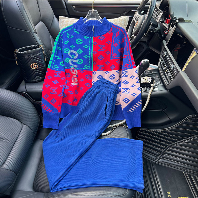 蓝色大牌休闲运动套装女秋装欧货高端印花针织开衫长裤搭配一整套