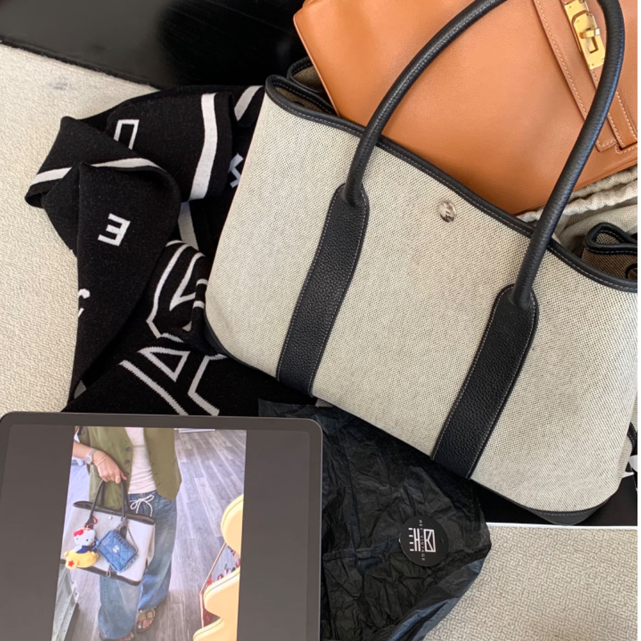 95新 Hermes/爱马仕 熊猫拼色帆布花园36 18176535