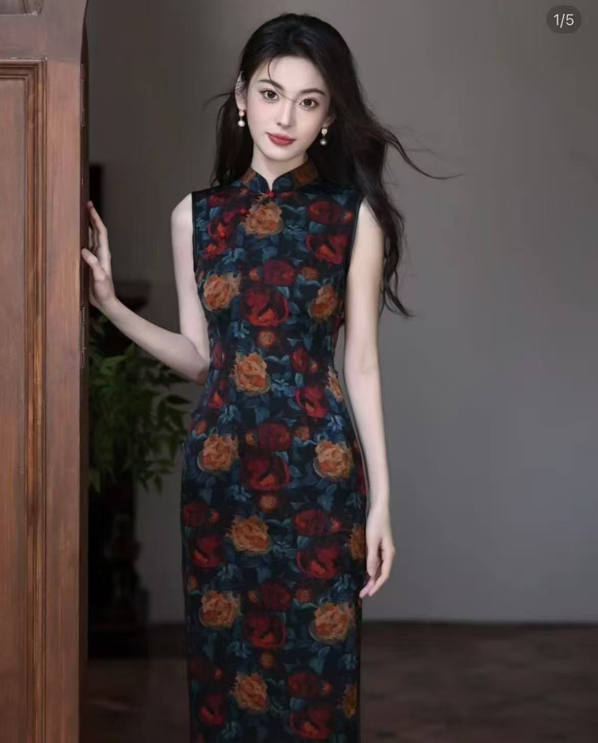 新中式连衣裙女高级感名媛民国风改良旗袍复古印花低开叉包臀裙