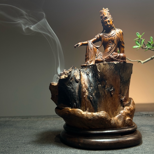 荔枝木雕刻摆件木雕香炉手工配观音木雕