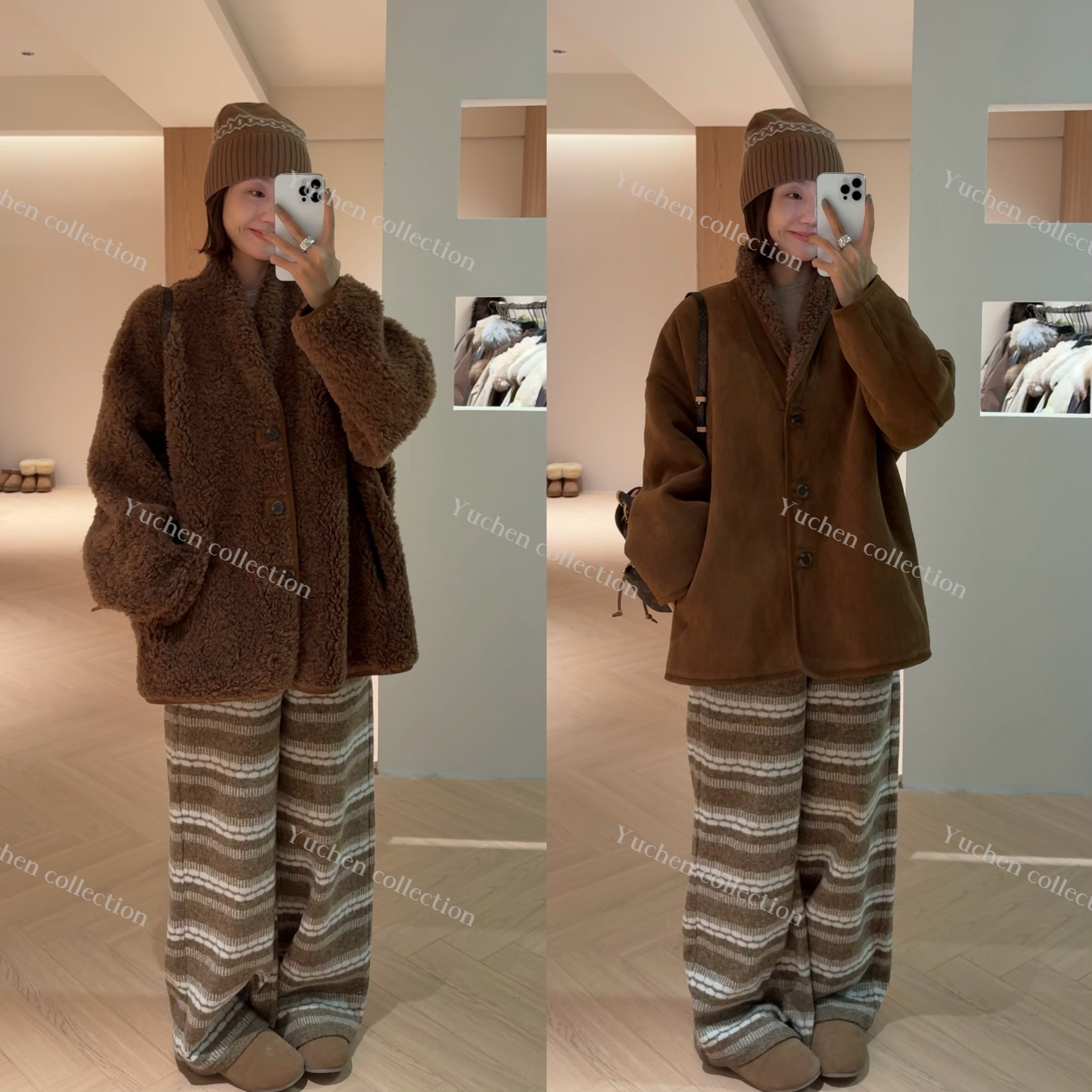 【Yuchen】（小奶包） 双面可穿100%纯羊毛复合皮毛一体冬季外套～ 