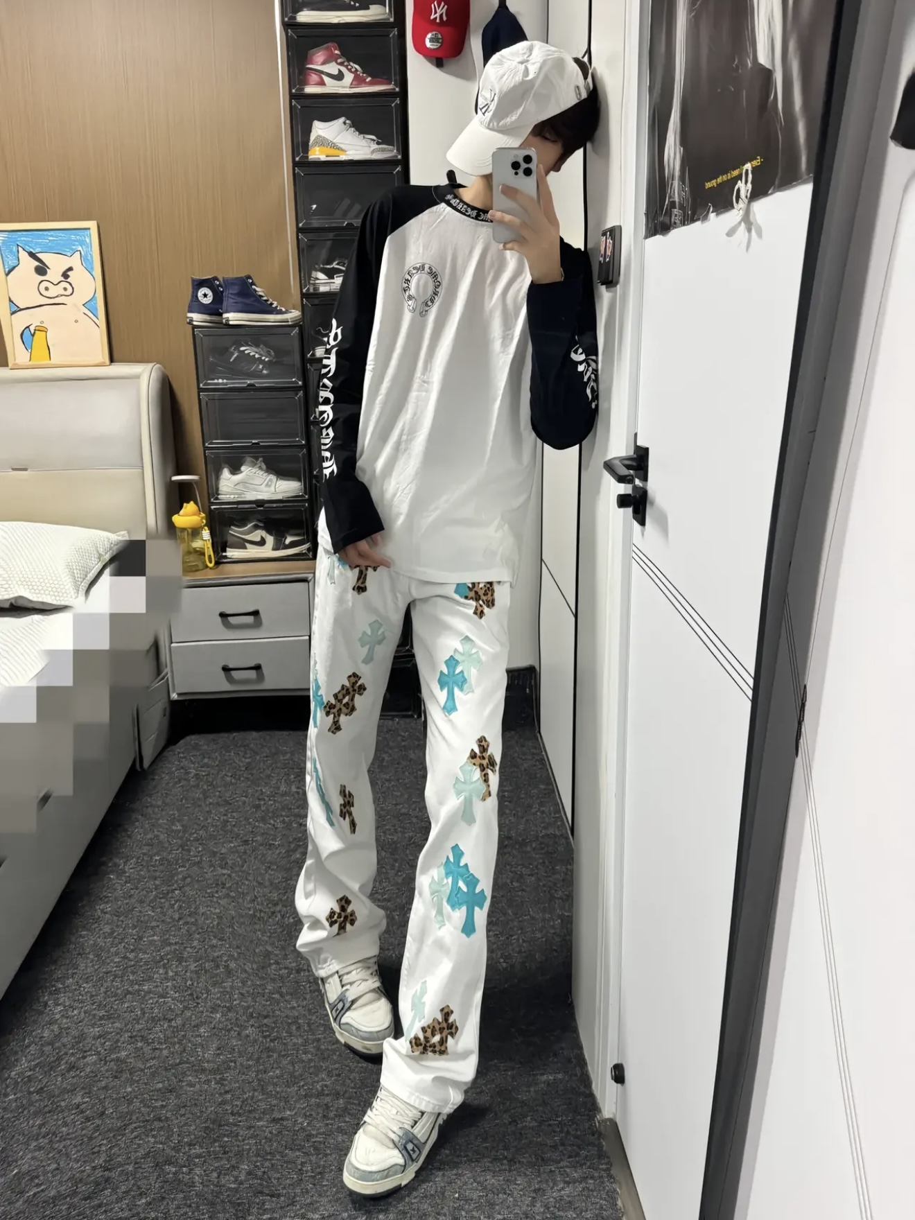 【烙印】潮牌十字架高街牛仔裤宽松水洗刺绣直筒痞帅男女裤子长裤
