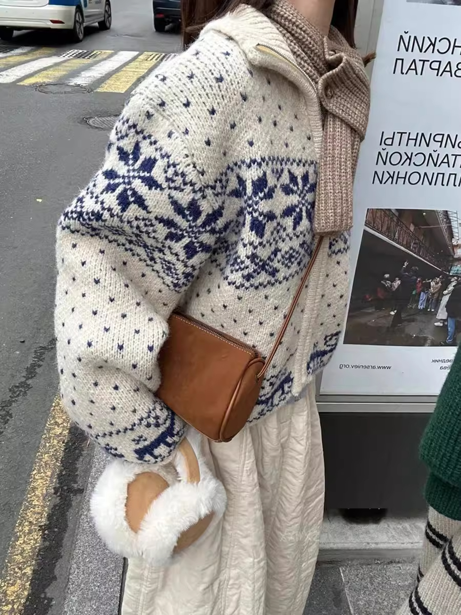 韩版雪花拉链开衫针织气质立领软糯休闲百搭毛衣外套加厚秋冬