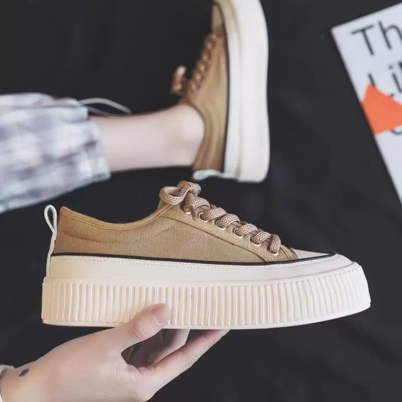 66-758 杏色 厚底帆布鞋女2025春季新款运动板鞋潮流百搭复古女鞋