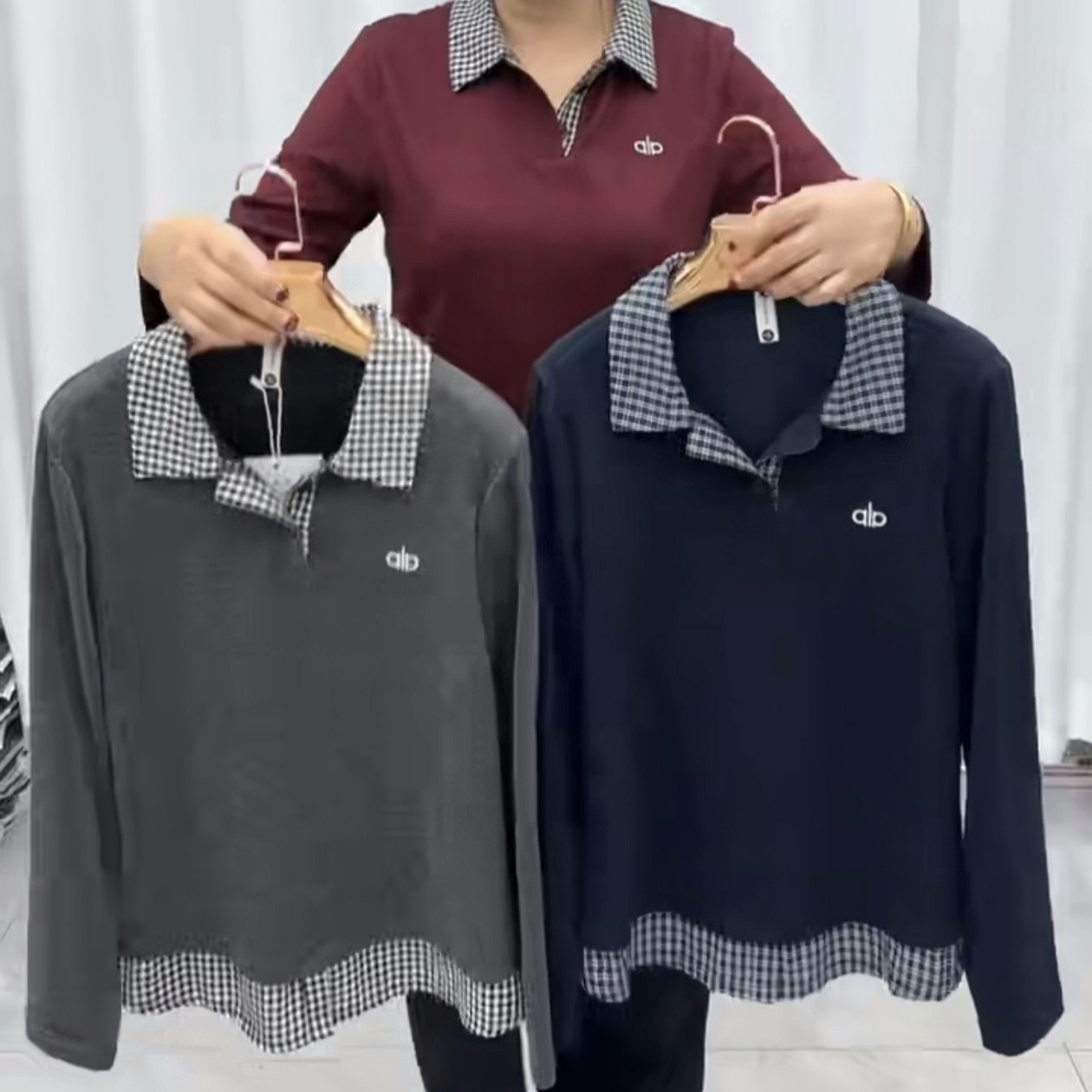 字母拼接POLO领长袖短休闲假两件小衫