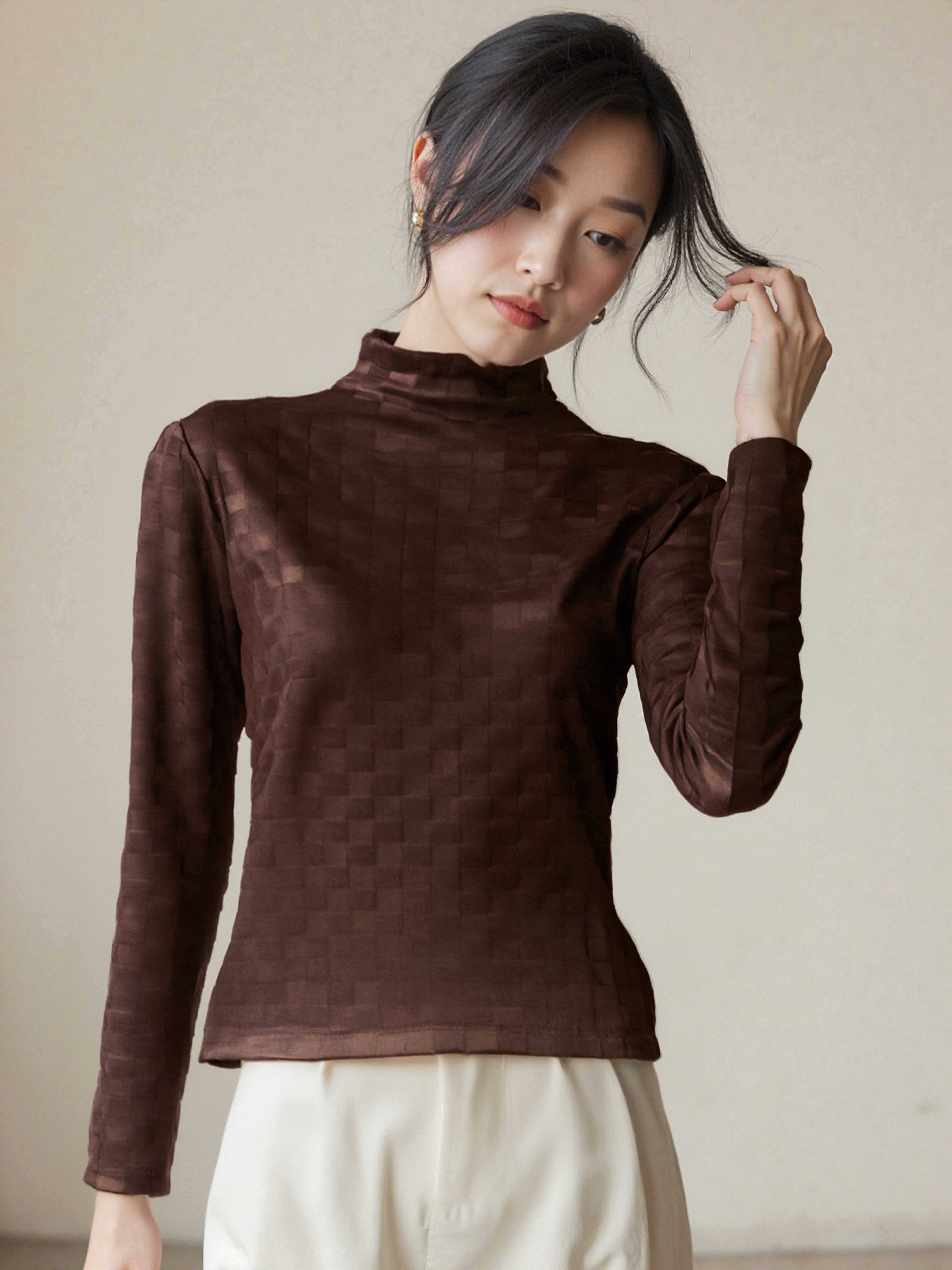 提花修身叠穿女士打底上衣显瘦高领保暖加绒休闲H1005(不分图案)