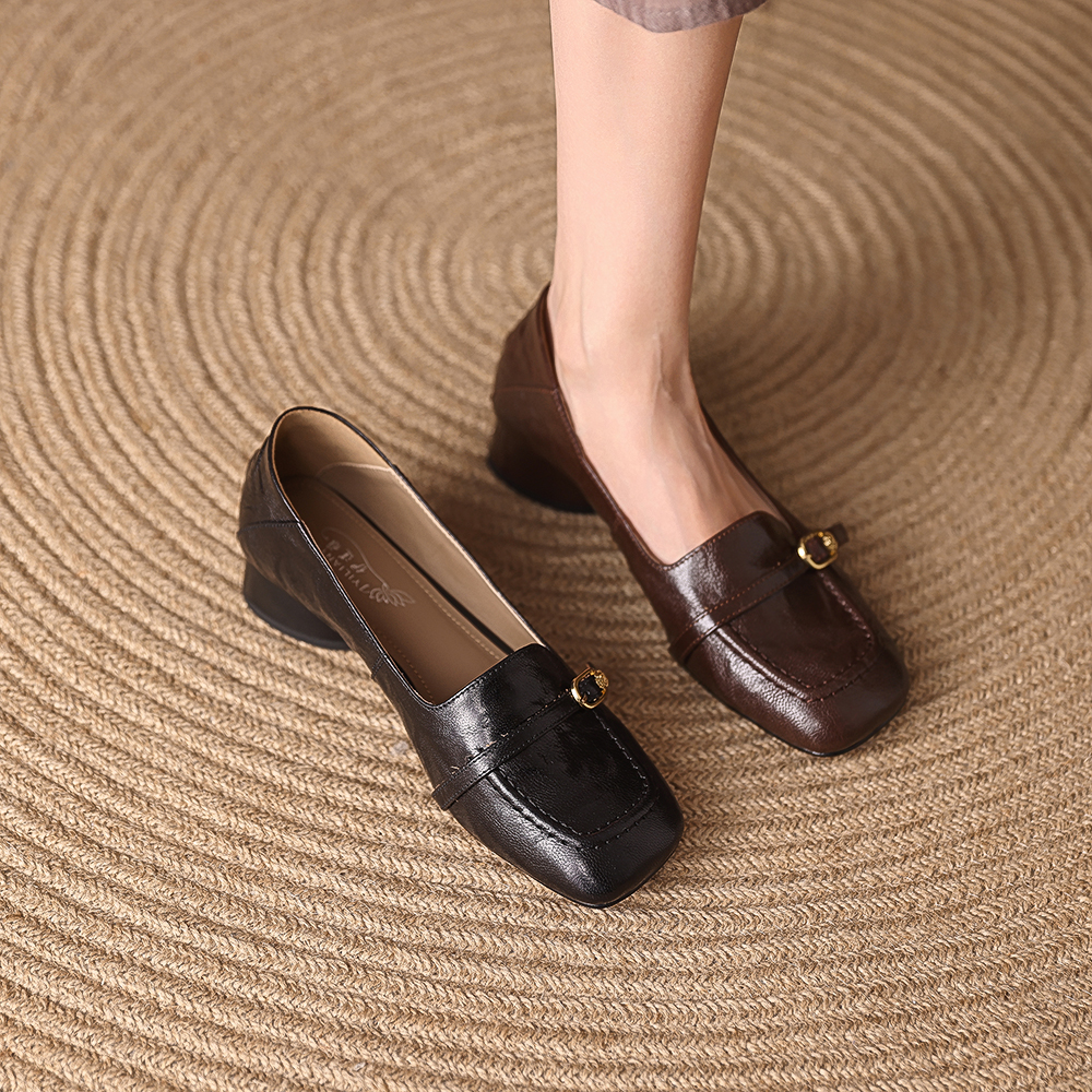 L040单鞋女2025春季新款粗跟中跟鞋方头皮鞋法式复古女鞋软底