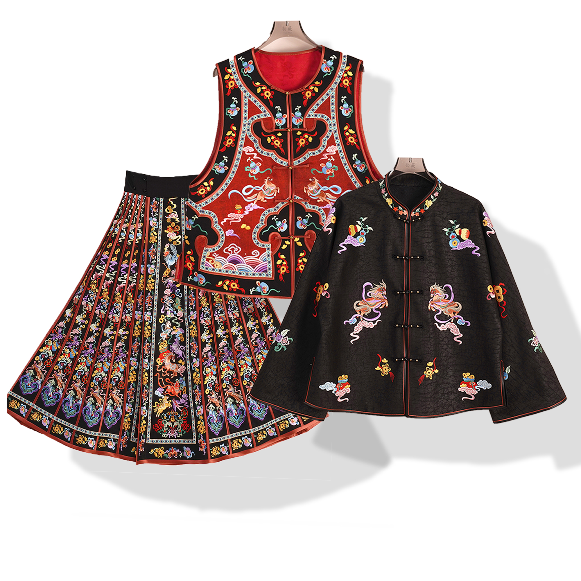 韵薇•中式中国风新中式复古外套裙子马甲气质刺绣重工套装10659