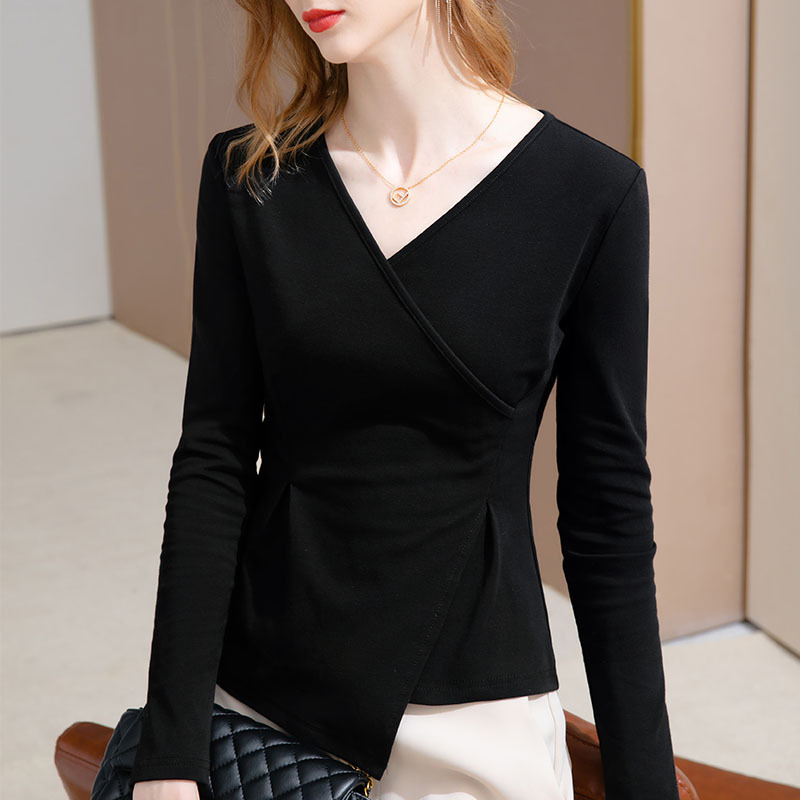 V领长袖T恤女秋2025新款小衫欧货收腰打底衫时尚洋气时髦别致上衣