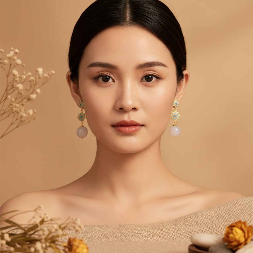 合金珐琅 白色玛瑙耳饰 经典复古时尚女必备015