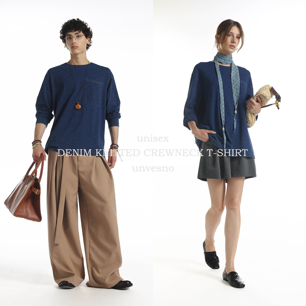 Unvesno(UN)老钱风酵漂洗水牛仔针织竹节纹薄款肌理圆领长袖