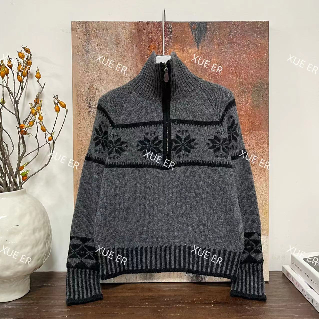 雪儿X61056欧货100羊毛提花加厚半开拉链针织毛衣内搭外穿上衣