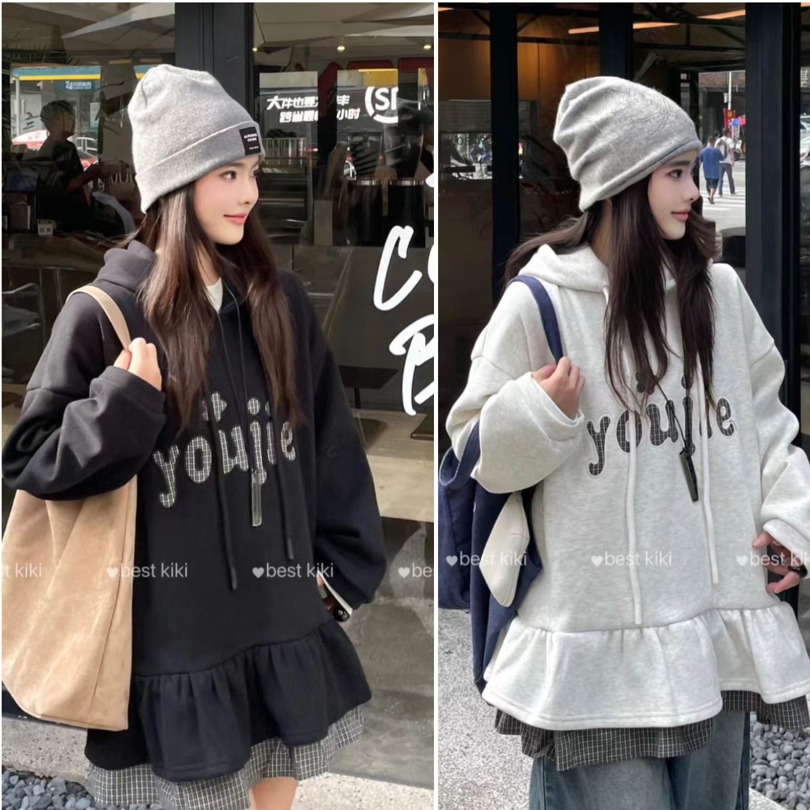 娜样美家 精选韩版戴帽加绒加厚大版刺绣不规则下摆卫衣