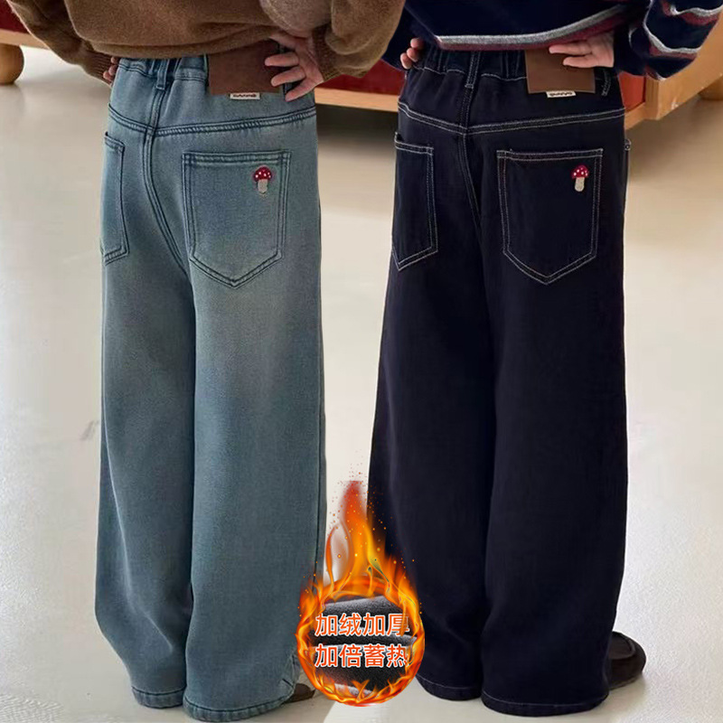 童裤女童秋冬加绒牛仔裤中大童一体绒阔腿裤儿童时尚蘑菇宽松长裤
