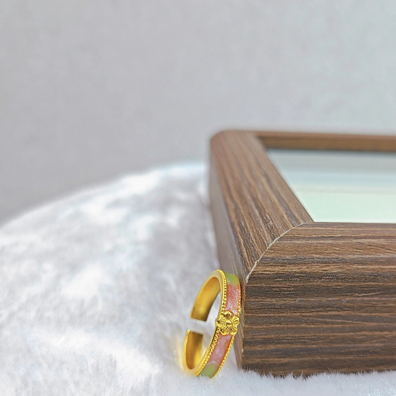 铜合金戒指 精工戒指 烧蓝珐琅彩桃花源开口戒指