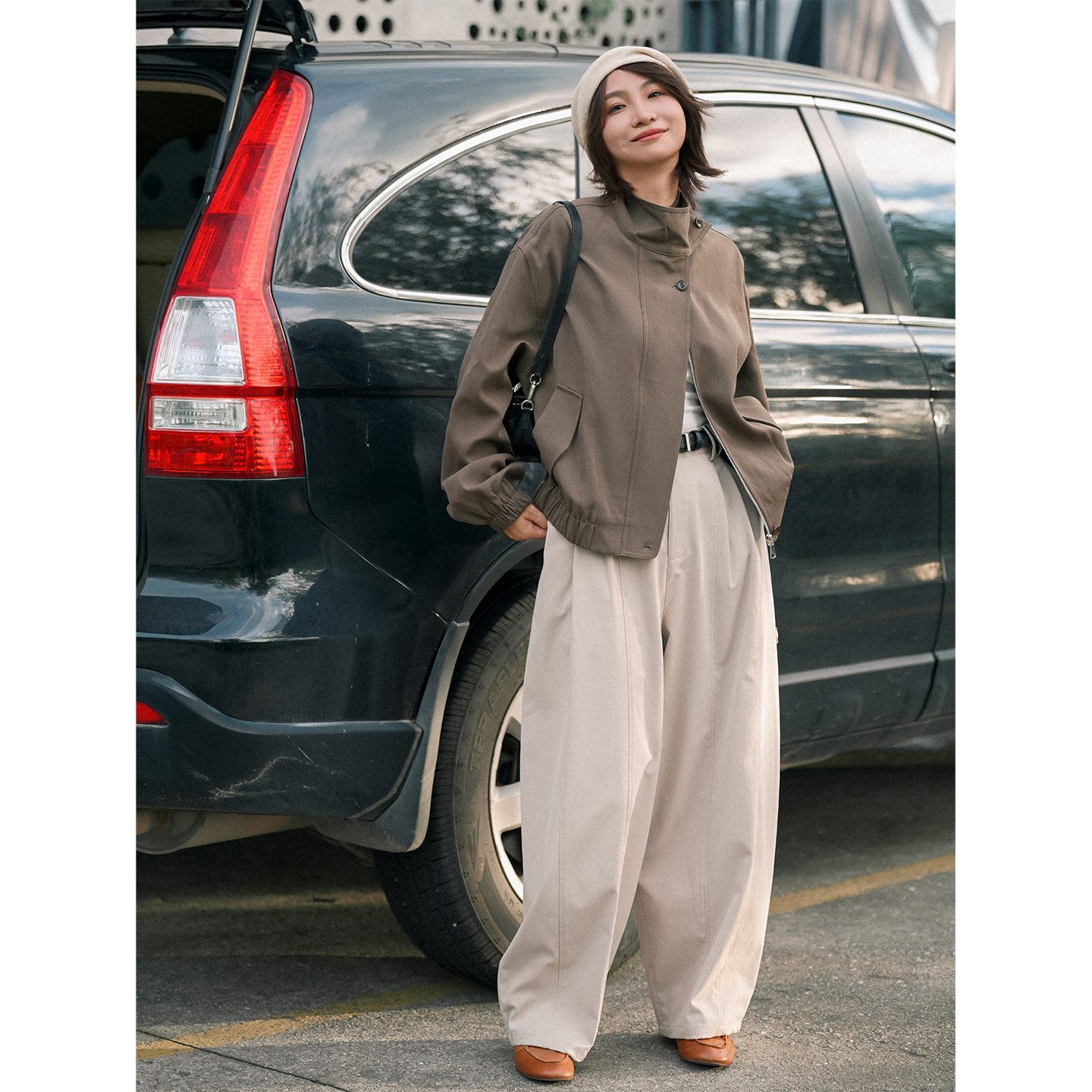 BELIN 【怀秋】天丝设计感咖啡色外套宽松韩系立领上衣夹克2025新款