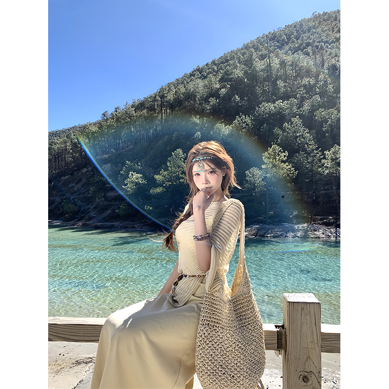 七七【夕阳拌搂】杏色针织衫新款露肩斜肩针织衫TC6861+背心TC6860