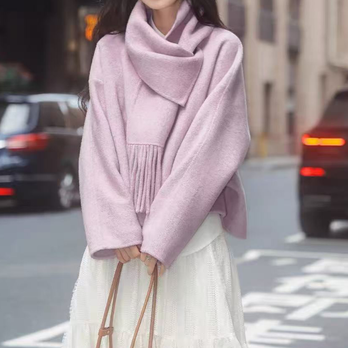 短款双面大衣秋冬韩系气质外套带围巾设计