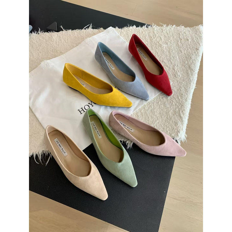低跟绒面尖头单鞋女2025春夏新款韩版奶奶鞋一脚蹬通勤鞋工作鞋女