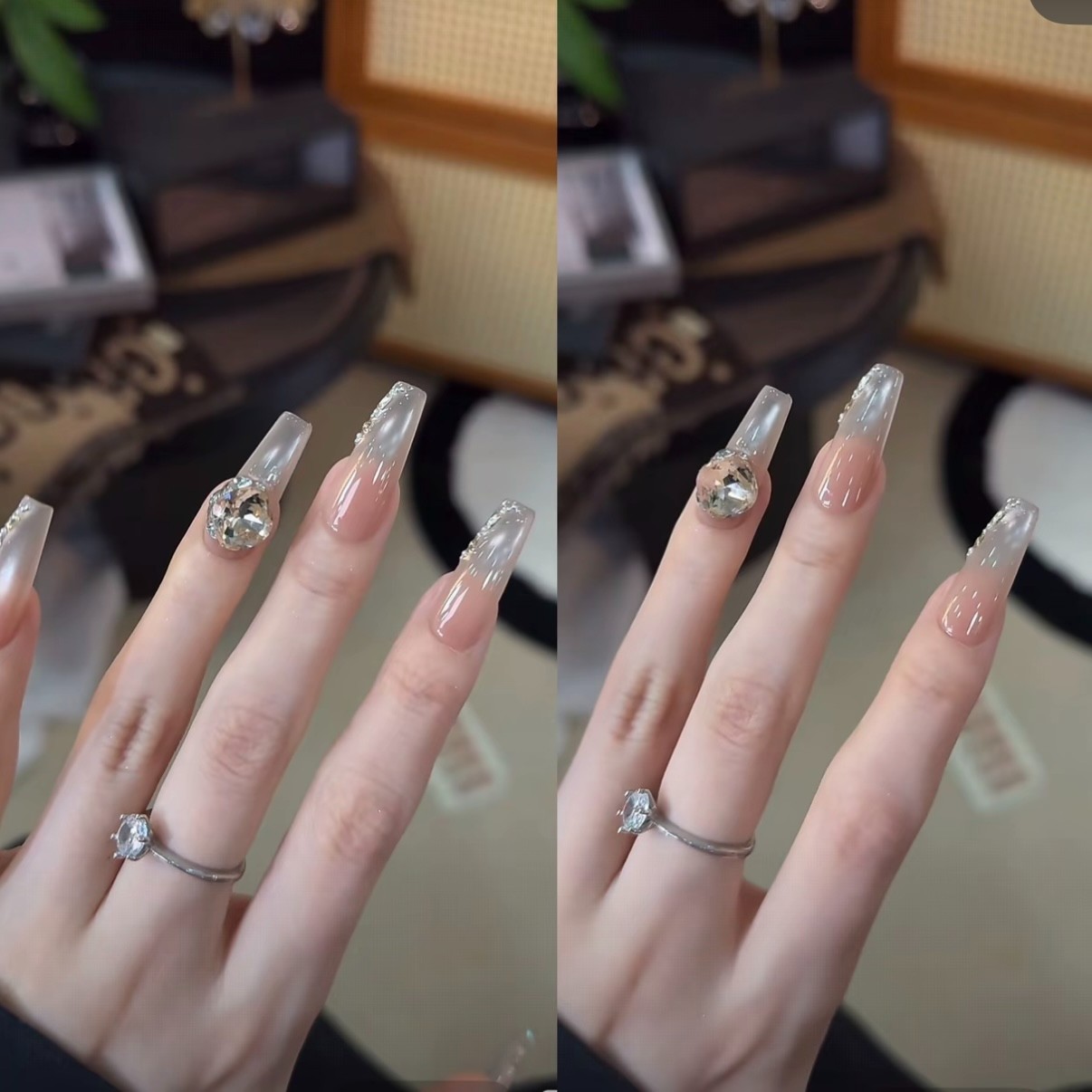 【月光石】指尖纯欲猫眼无名指带钻纯手工穿戴甲可反复使用