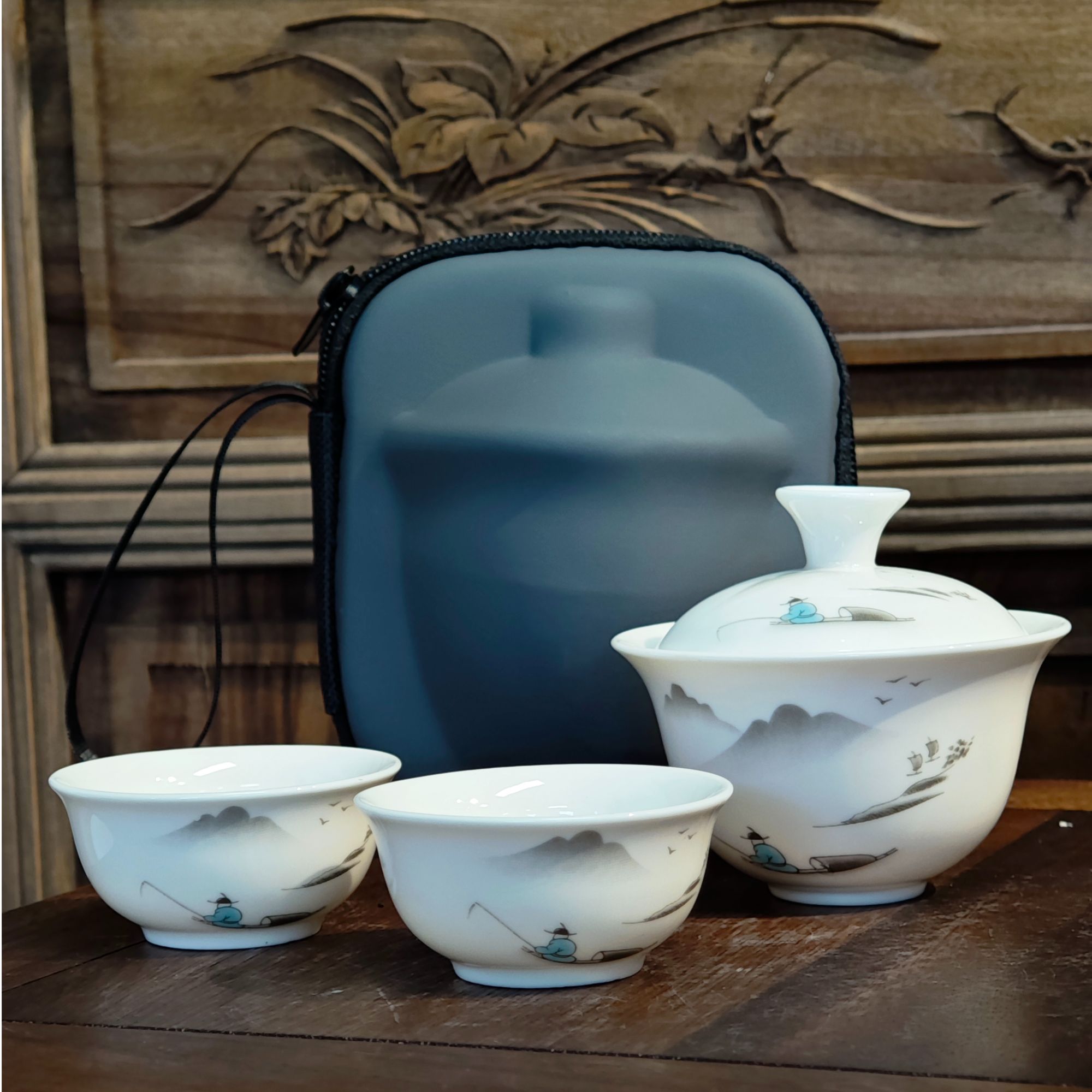 【闪购链接】A-0269 书生垂钓盖碗+两杯旅行套-白瓷（25）