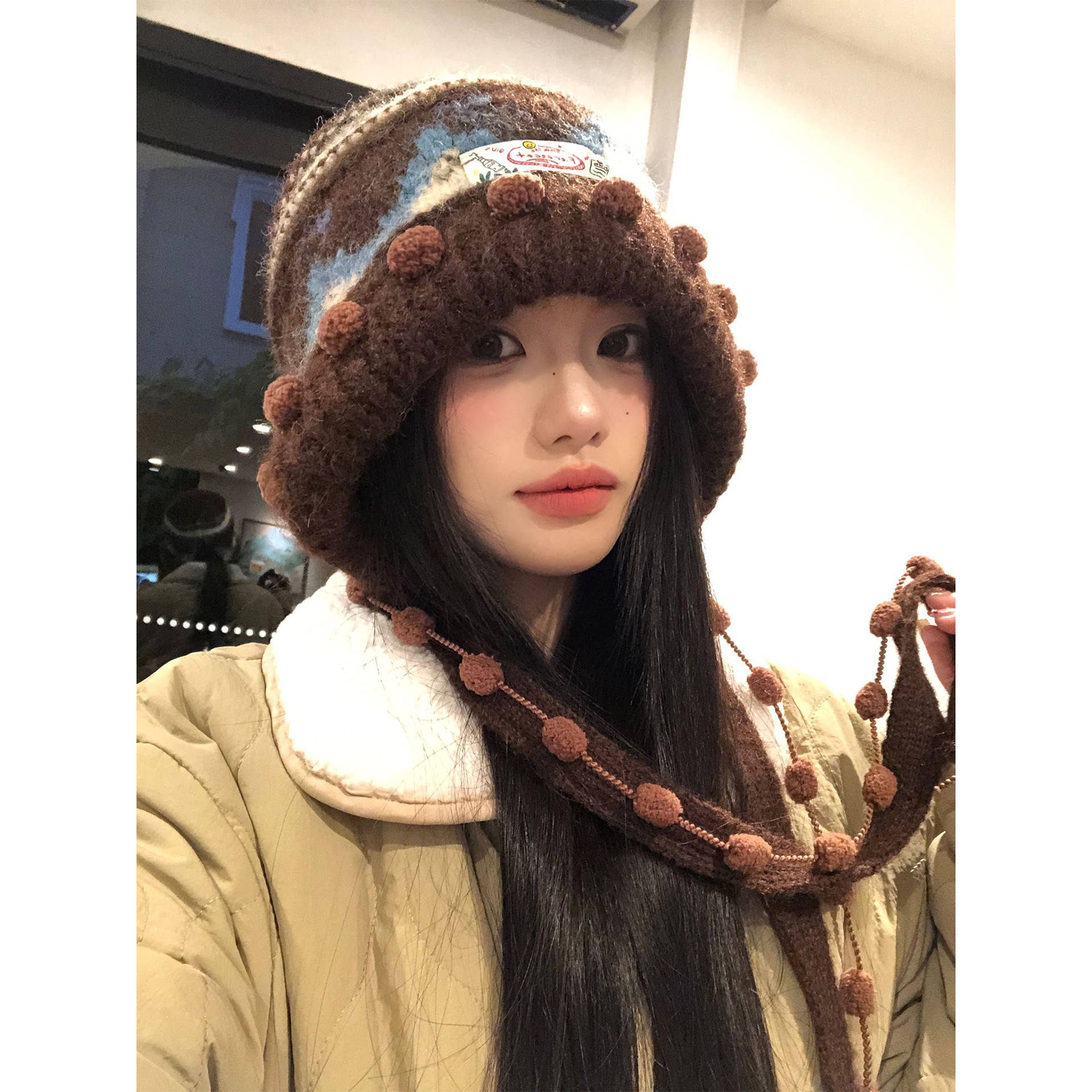 费尔岛撞色针织毛线帽女秋冬季百搭大头围显脸小护耳保暖套头帽子