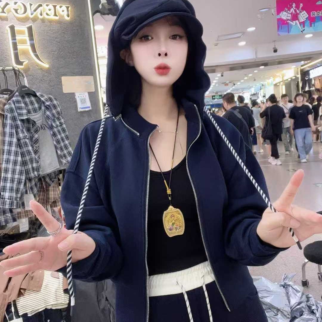 2303纯色女开襟连帽秋季长袖短外套带帽上衣百搭潮流韩版