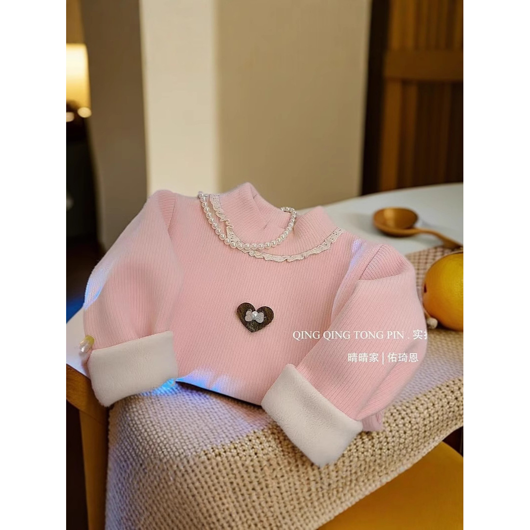 女童加绒打底衫儿童休闲卫衣宝宝冬季加绒加厚韩版洋气内搭上衣D