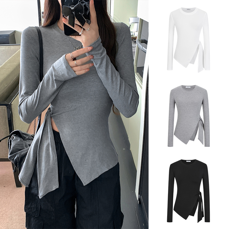 Moses Queen/魔西女王不规则飘带T恤女圆领长袖打底衫显瘦上衣服