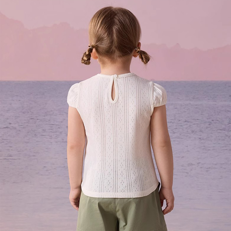 可爱【熊萌趣】25年夏季新款女宝宝镂空圆领泡泡袖短袖小熊刺绣T恤