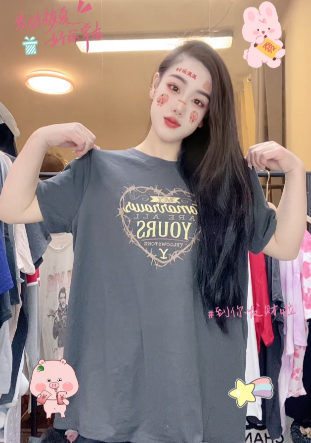 外贸纯棉大码T恤灰色爱心