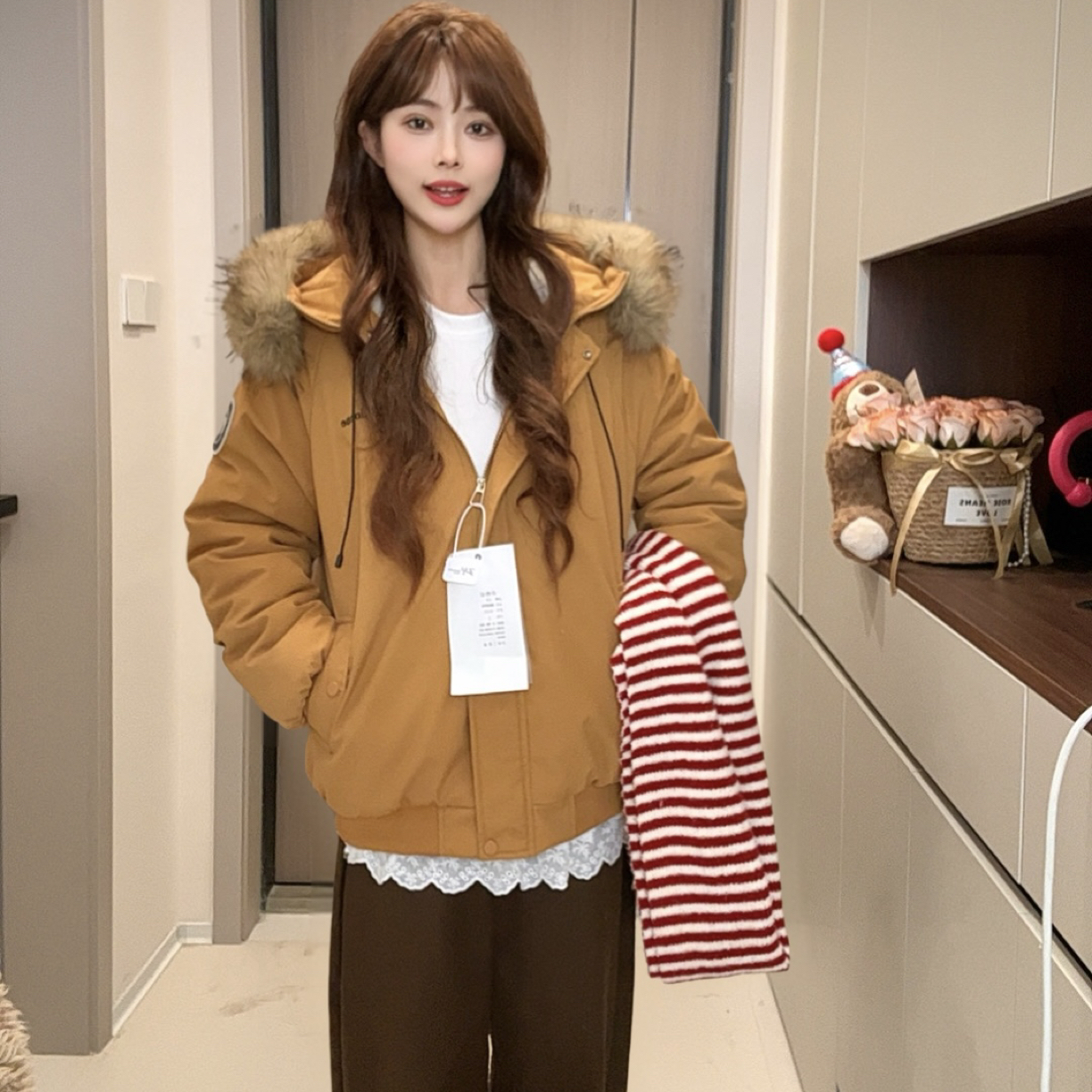 冬季新款连帽毛领内里加毛加厚保暖宽松韩系派克服外套宽松韩系