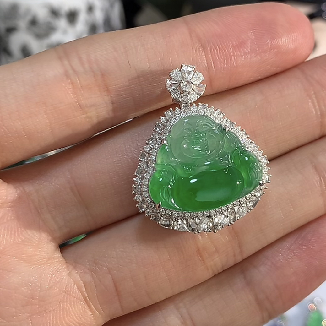 缅甸天然a货翡翠冰胶辣绿佛公