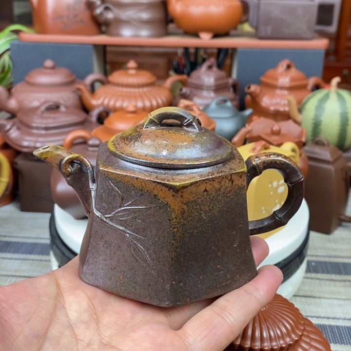 紫砂茶壶六方竹节200cc原矿老紫泥柴烧工艺特