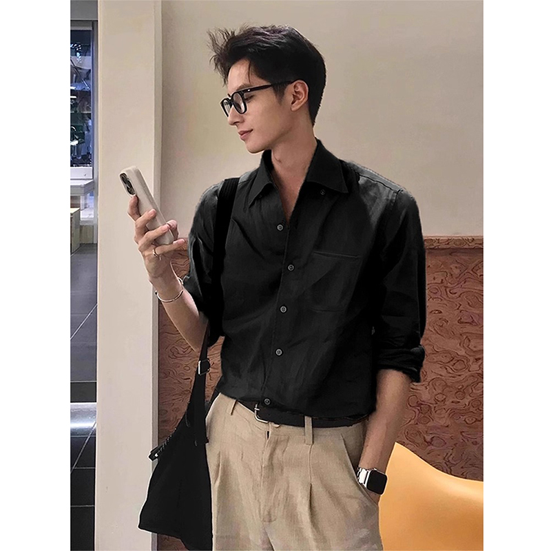 黑色天丝亚麻衬衫男夏薄款老钱风棉麻长袖衬衣高级感轻薄防晒外套