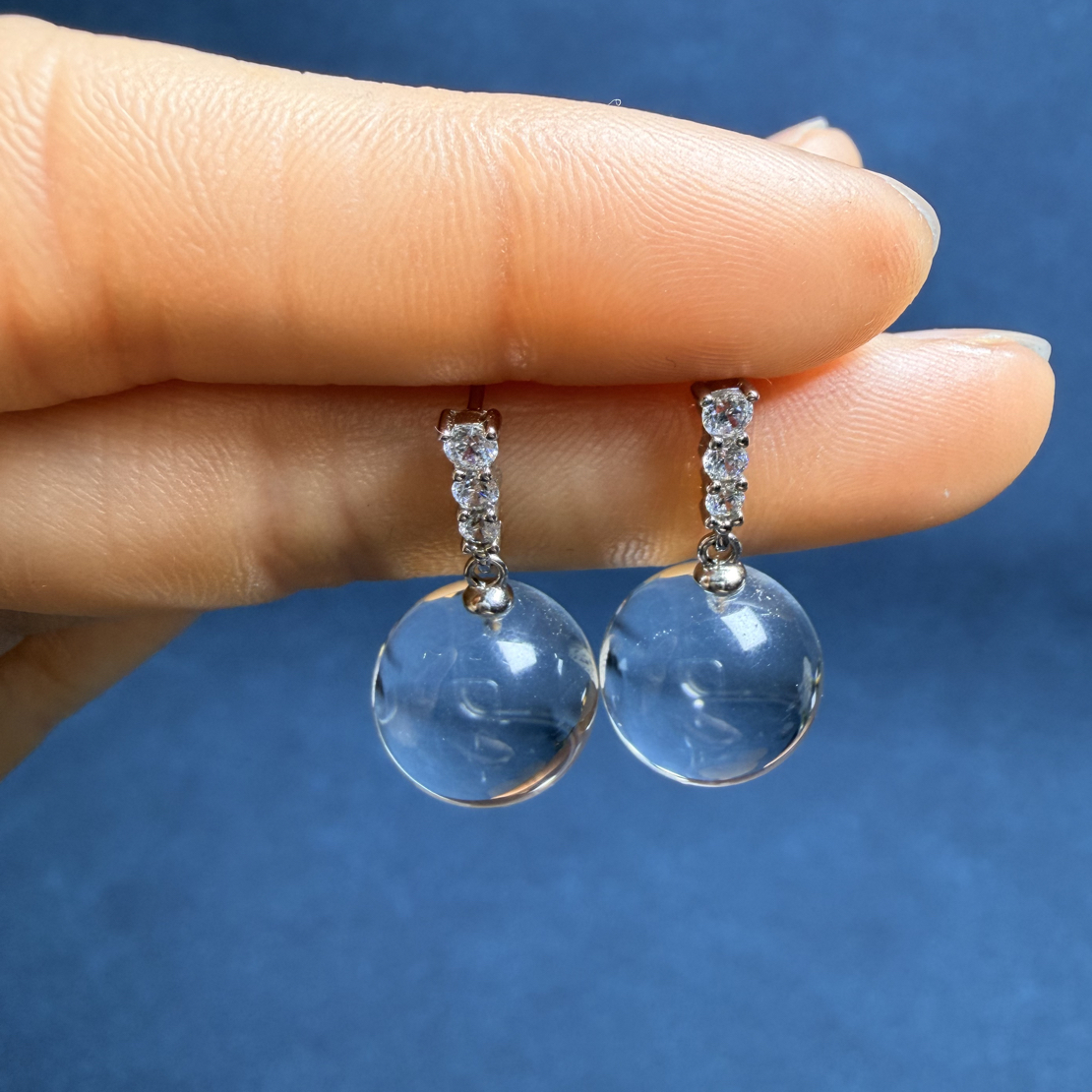 天然白水晶银耳钉冰透质感简约百搭气质时尚耳饰